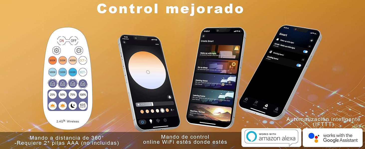 El LED es blanco y funciona con distancia y una app que permite al asistente de voz